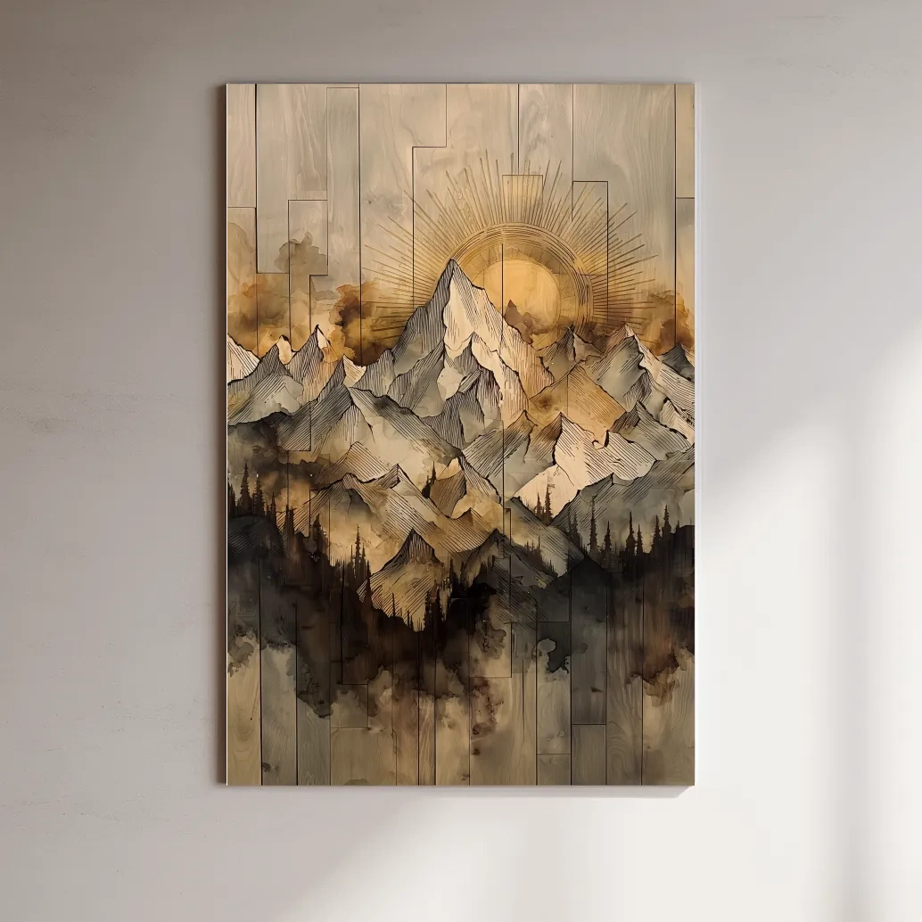 Rustic mountain peak artwork, sunlit layered wooden panel texture effect