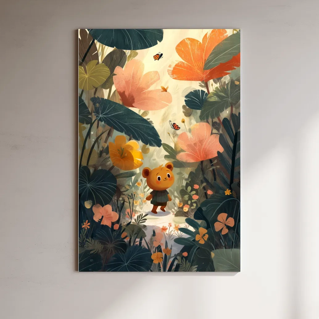 Cute bear in lush forest, whimsical children's wall art