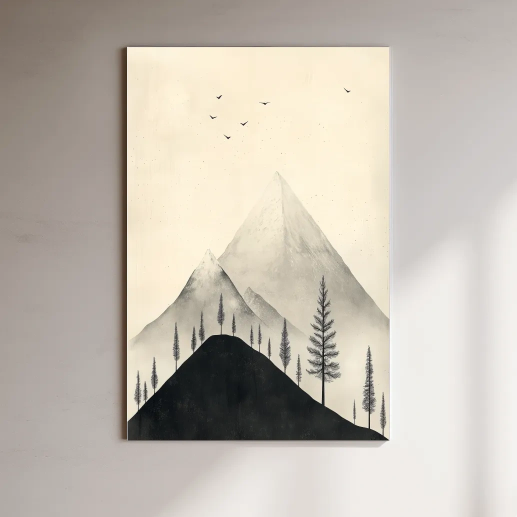 Minimalist mountain artwork with alpine trees and birds, monochrome wall art design