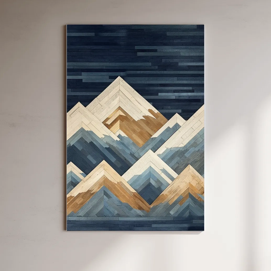 Geometric Layered Mountain Peaks - Wood Texture Landscape Wall Art