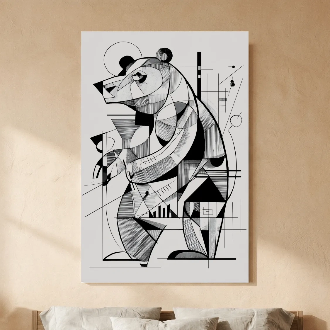 Cubism Abstract Bear Artwork - Modern Black And White Wildlife Wall Art