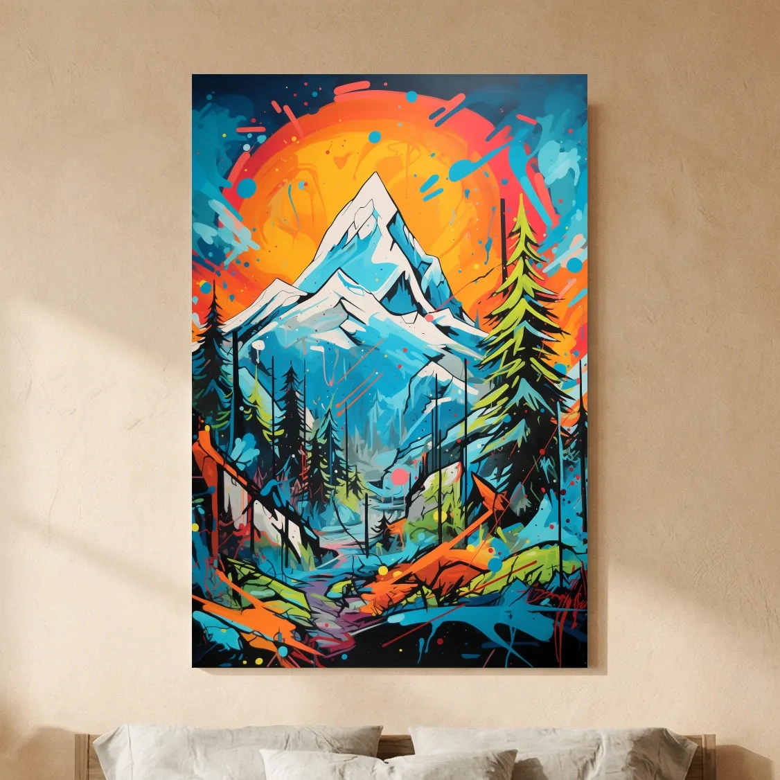 Vibrant Abstract Mountain Sunset Graffitti Painting - Colorful Pop Art Alpine Wall Art