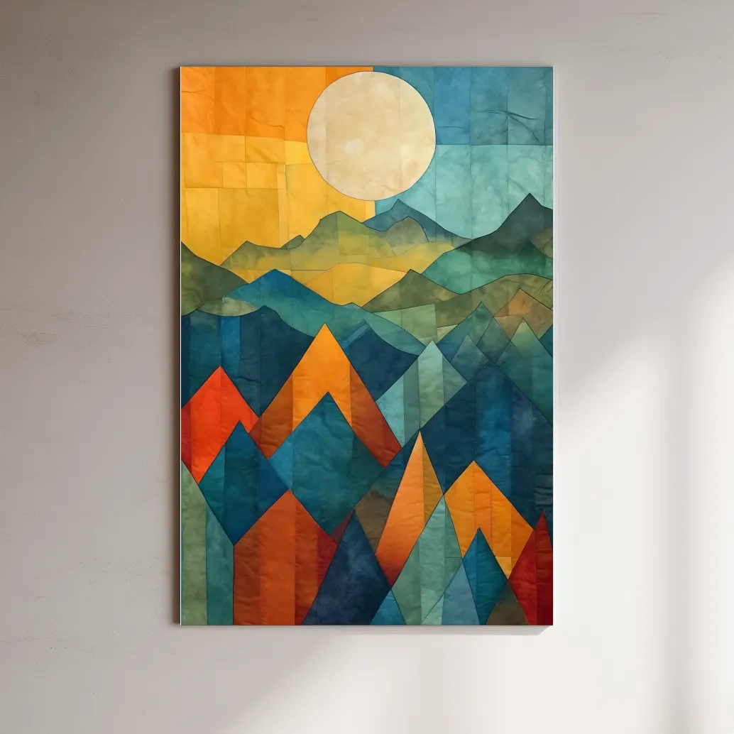 Geometric Patchwork Sunlit Mountain Range Painting - Colorful Abstract Alpine Wall Art