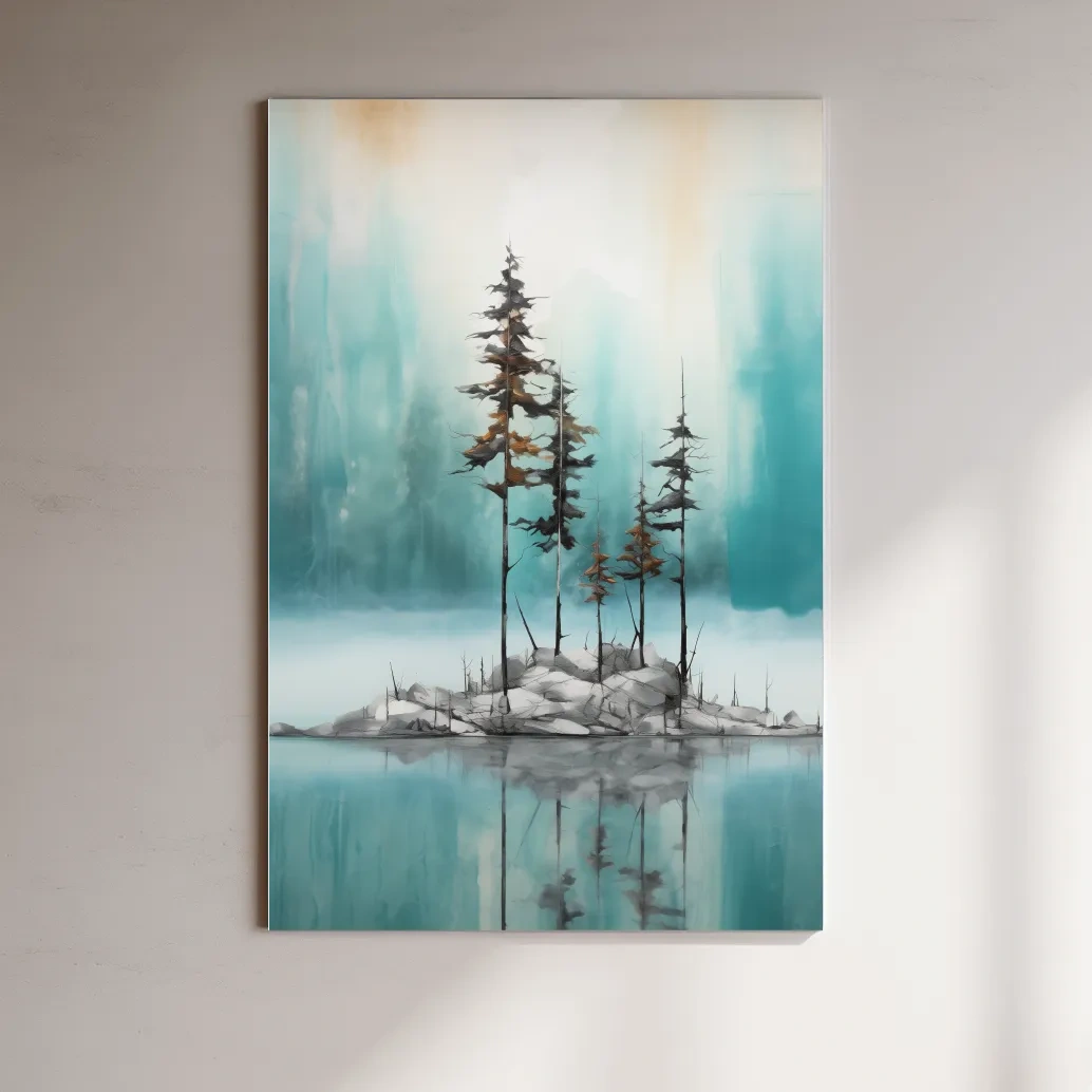 Misty Pine Trees Reflection - Watercolor Turquoise Alpine Lake Wall Art