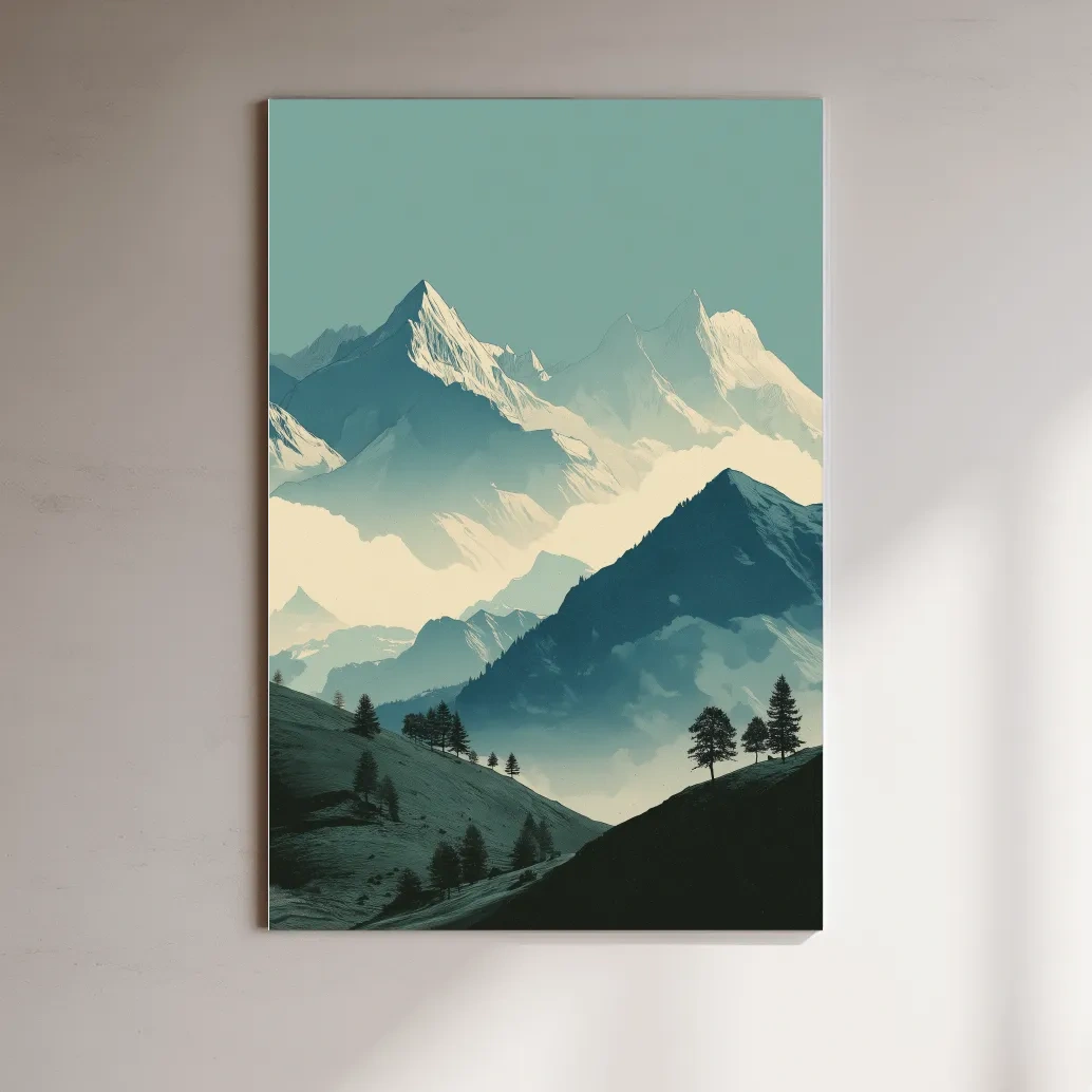 Misty Alpine Mountain Peaks Illustration - Serene Landscape Wall Art