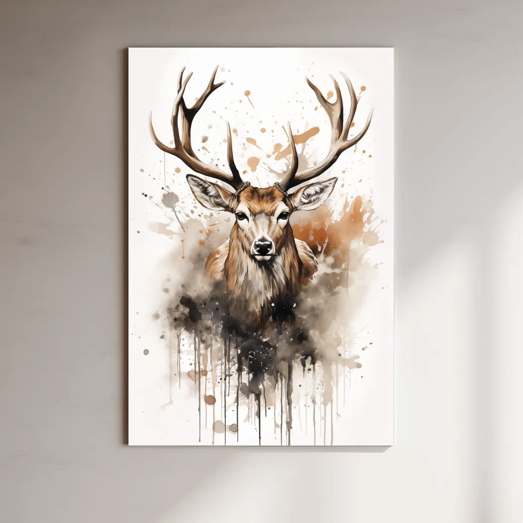 Majestic Stag Watercolor Splash Painting - Rustic Wildlife Wall Art