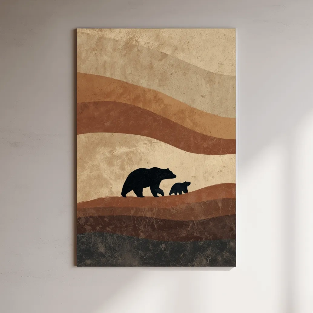Scandi Bear Family Silhouette Artwork - Earthy Abstract Wildlife Wall Art