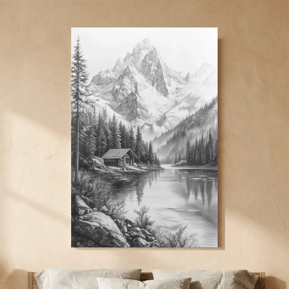 Monochrome Alpine Lake Cabin Sketch Art - Mountain Drawing Wall Art