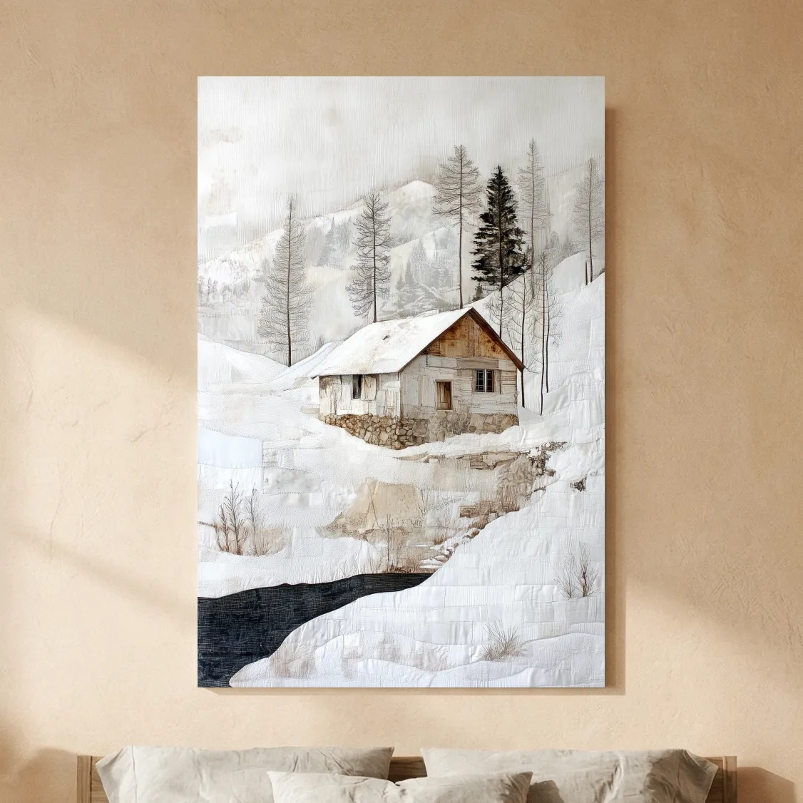 Snowy Mountain Cabin Textured Painting - Winter Landscape Wall Art