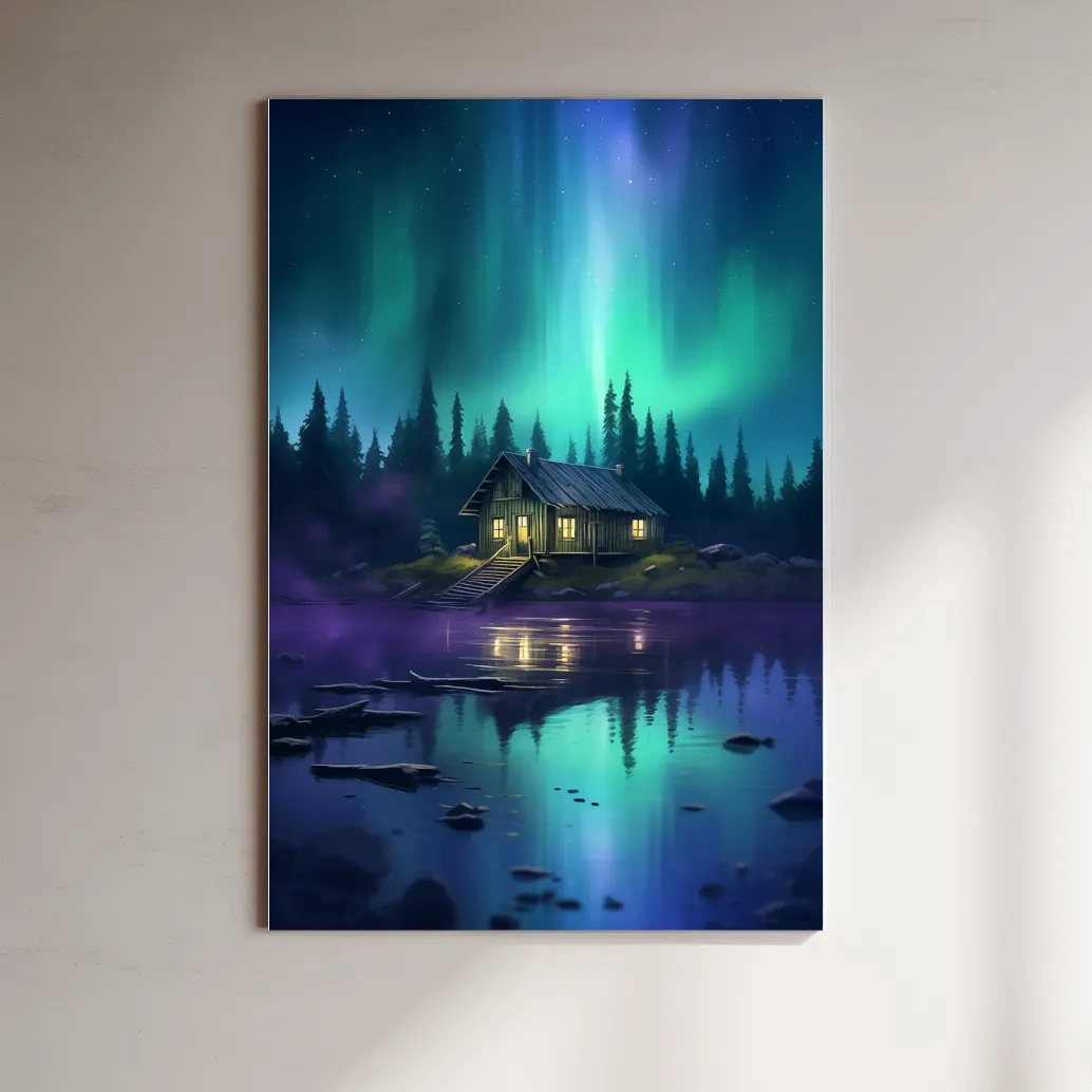 Vibrant Northern Lights Cabin Lake Painting - Aurora Borealis Night Wall Art