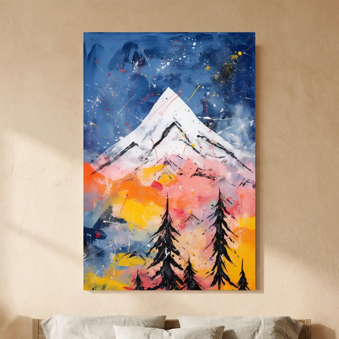 Vibrant Abstract Mountain Peak Sunset Painting - Colorful Acrylic Splash Forest Wall Art