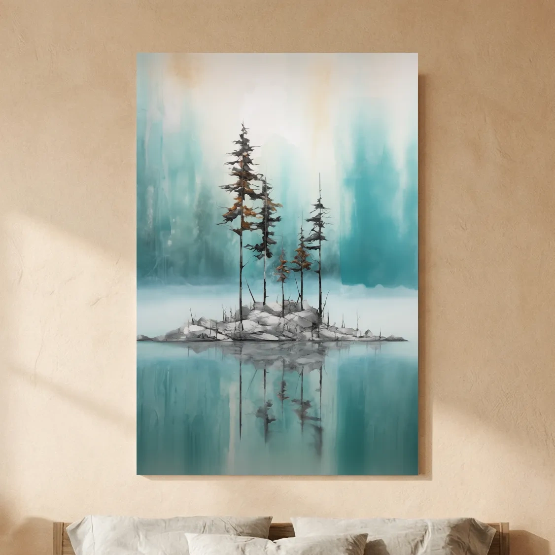 Misty Pine Trees Reflection - Watercolor Turquoise Alpine Lake Wall Art