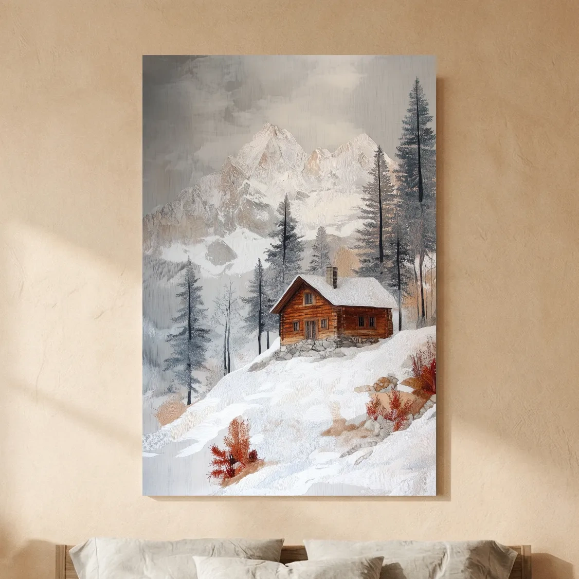 Snowy Mountain Cabin Landscape Painting - Rustic Winter Wilderness Wall Art