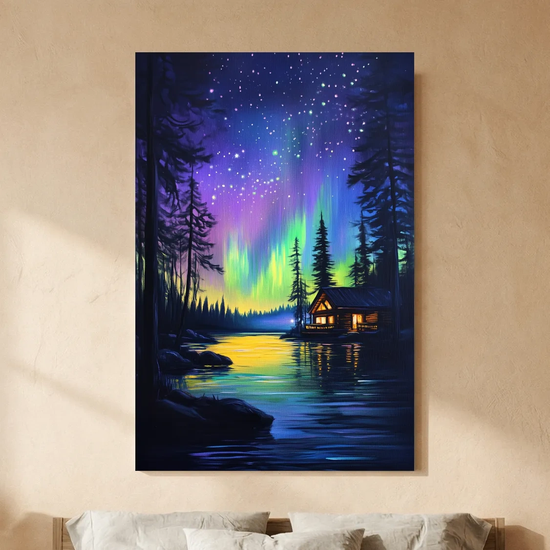 Vibrant Northern Lights Lakeside Cabin Painting - Aurora Borealis Night Landscape Wall Art