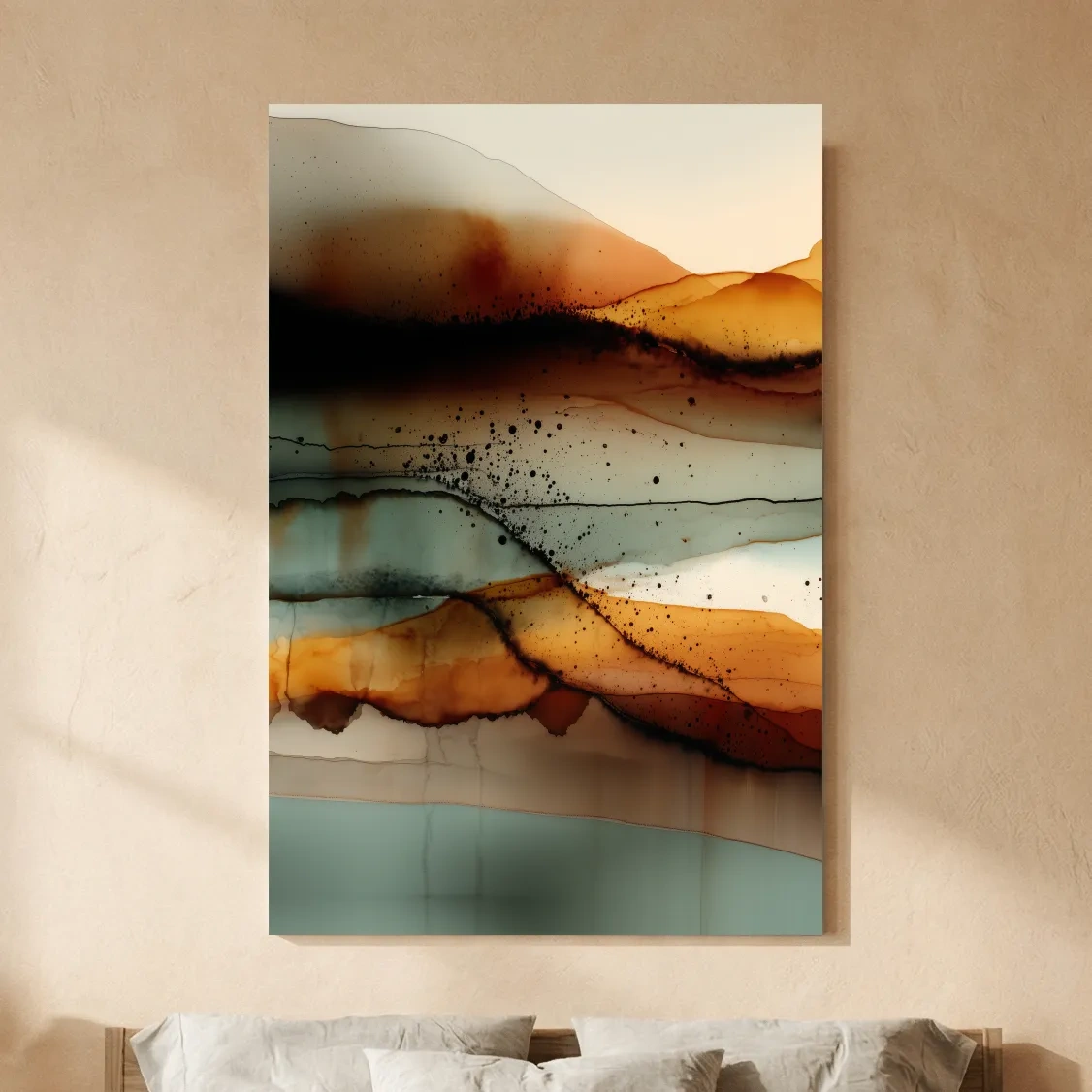 Earth Tone Ink Wash Mountain Landscape - Abstract Modern Wall Art