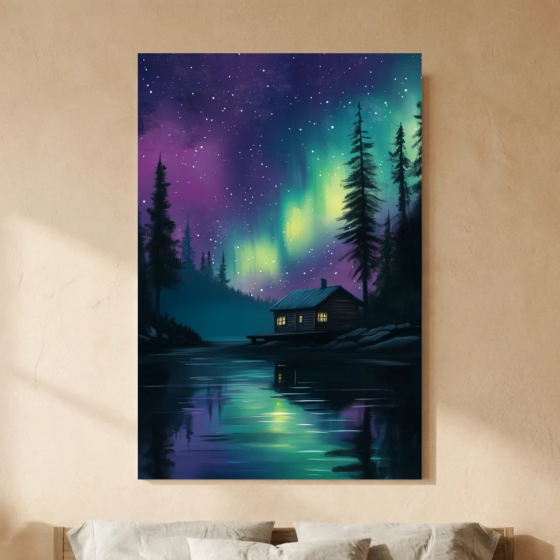Aurora Borealis Lake Cabin Painting - Northern Lights Wall Art