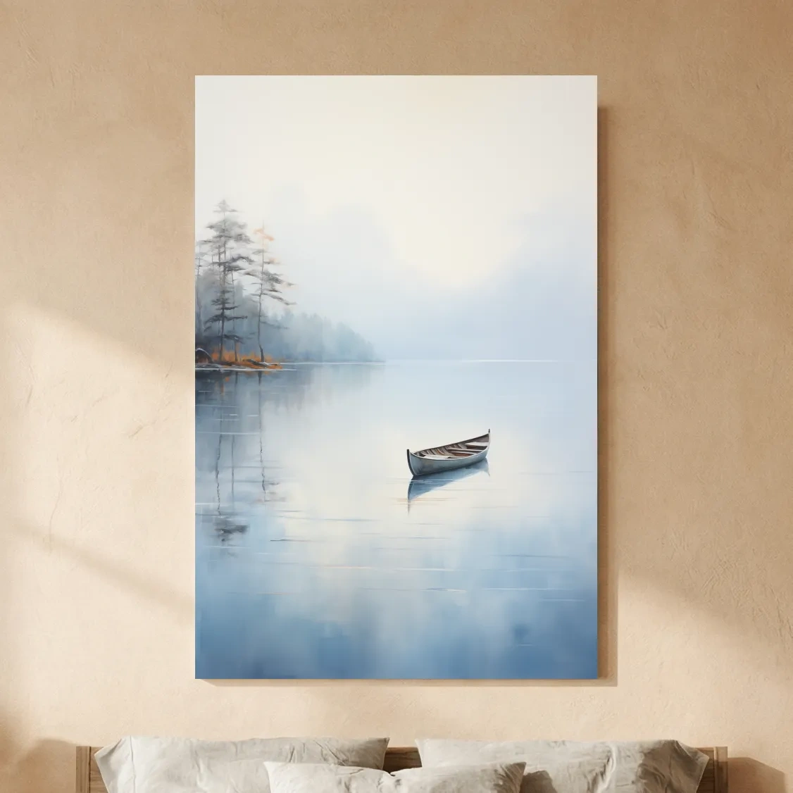 Misty Lake Canoe Reflection Painting - Serene Minimalist Waterscape Wall Art