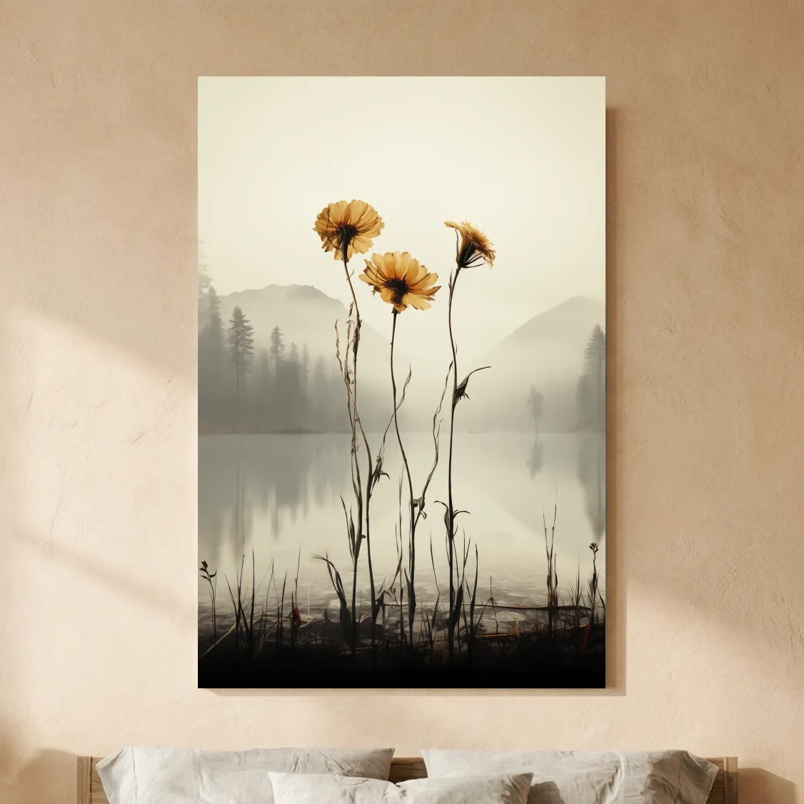 Wildflower Misty Lake Landscape - Minimalist Botanical Wall Art