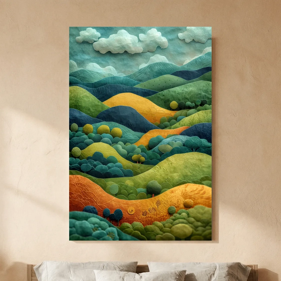 3D Layered Paper Cut Style Mountain Artwork - Whimsical Surreal Landscape Wall Art