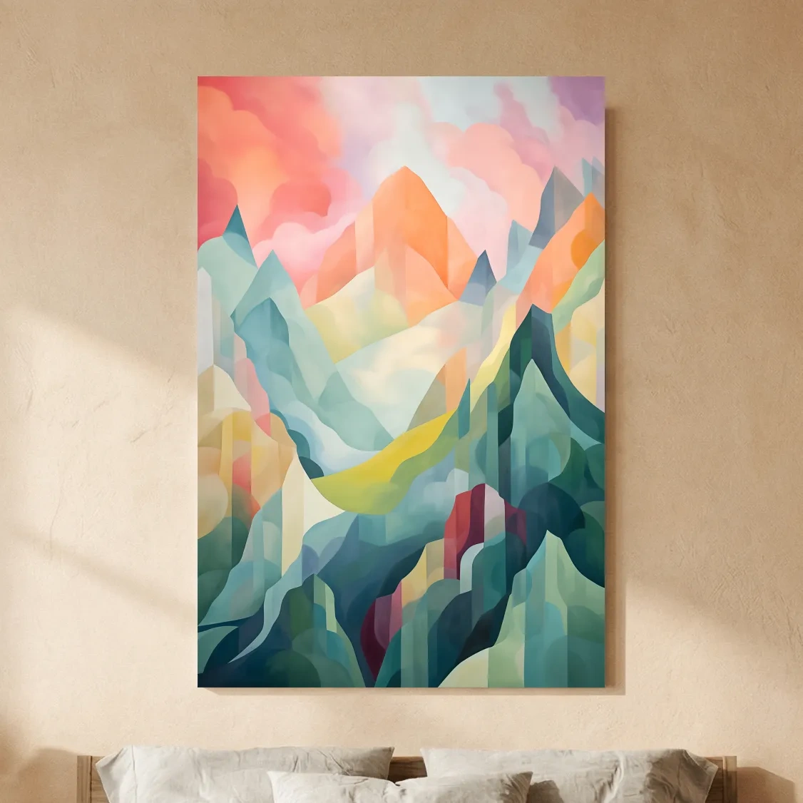 Vibrant Abstract Pastel Mountain Sunset - Geometric Watercolor Style Wall Art