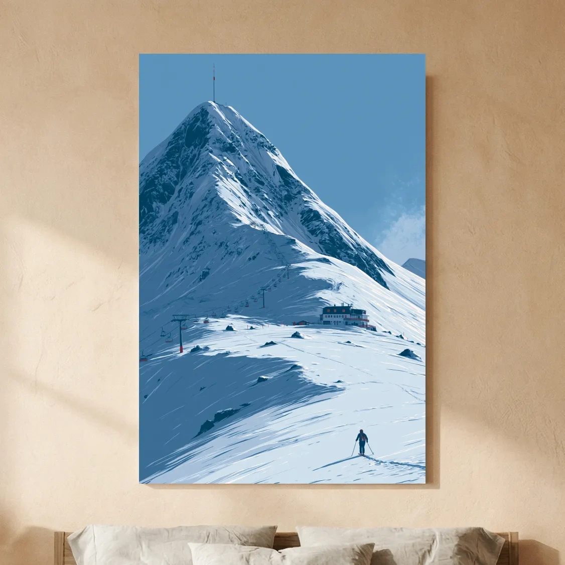 Alpine Mountain Skier Artwork - Minimalist Winter Landscape Wall Art