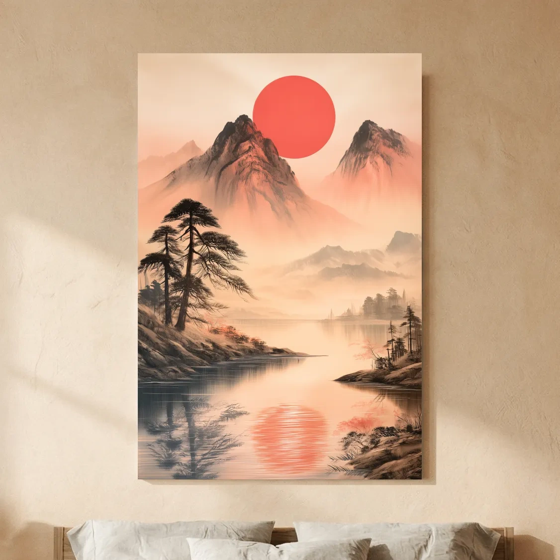 Zen Misty Mountain Lake Sunrise - Japanese Ink Wash Wall Art