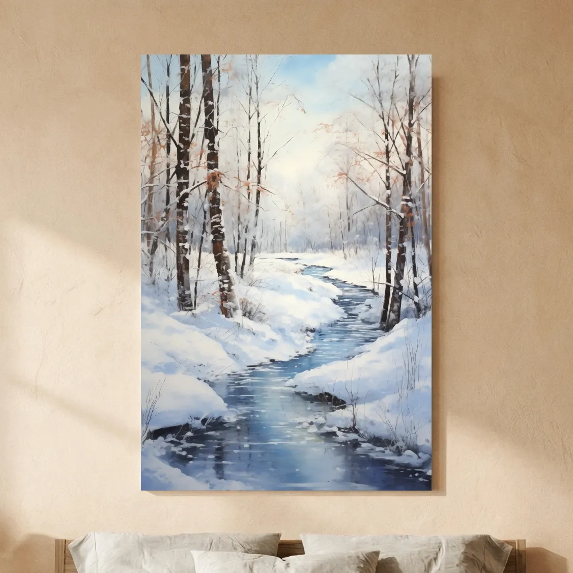 Serene Winter River Forest Painting - Snowy Woodland Wall Art