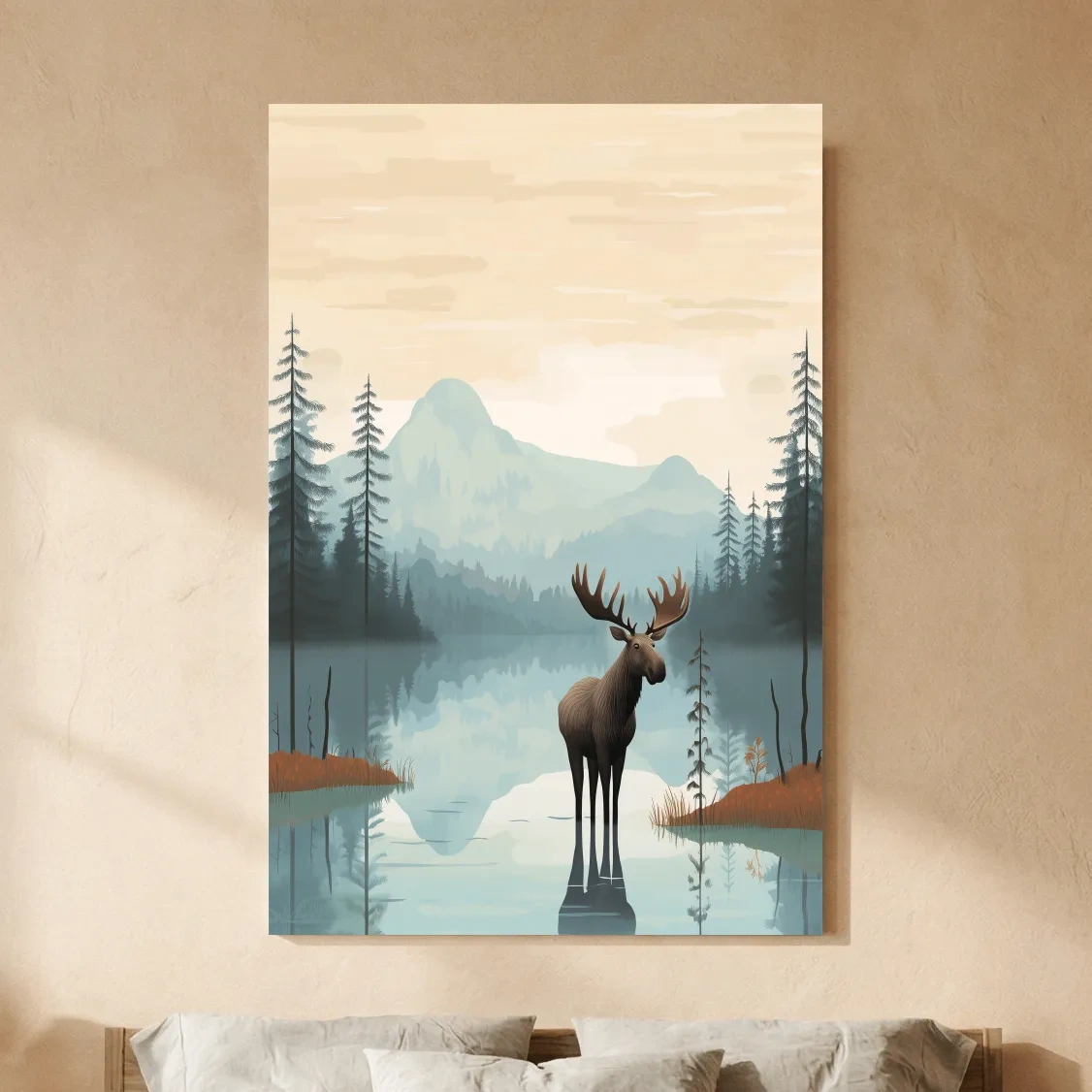 Moose Mountain Lake Illustration - Nursery Forest Mountain Wall Art