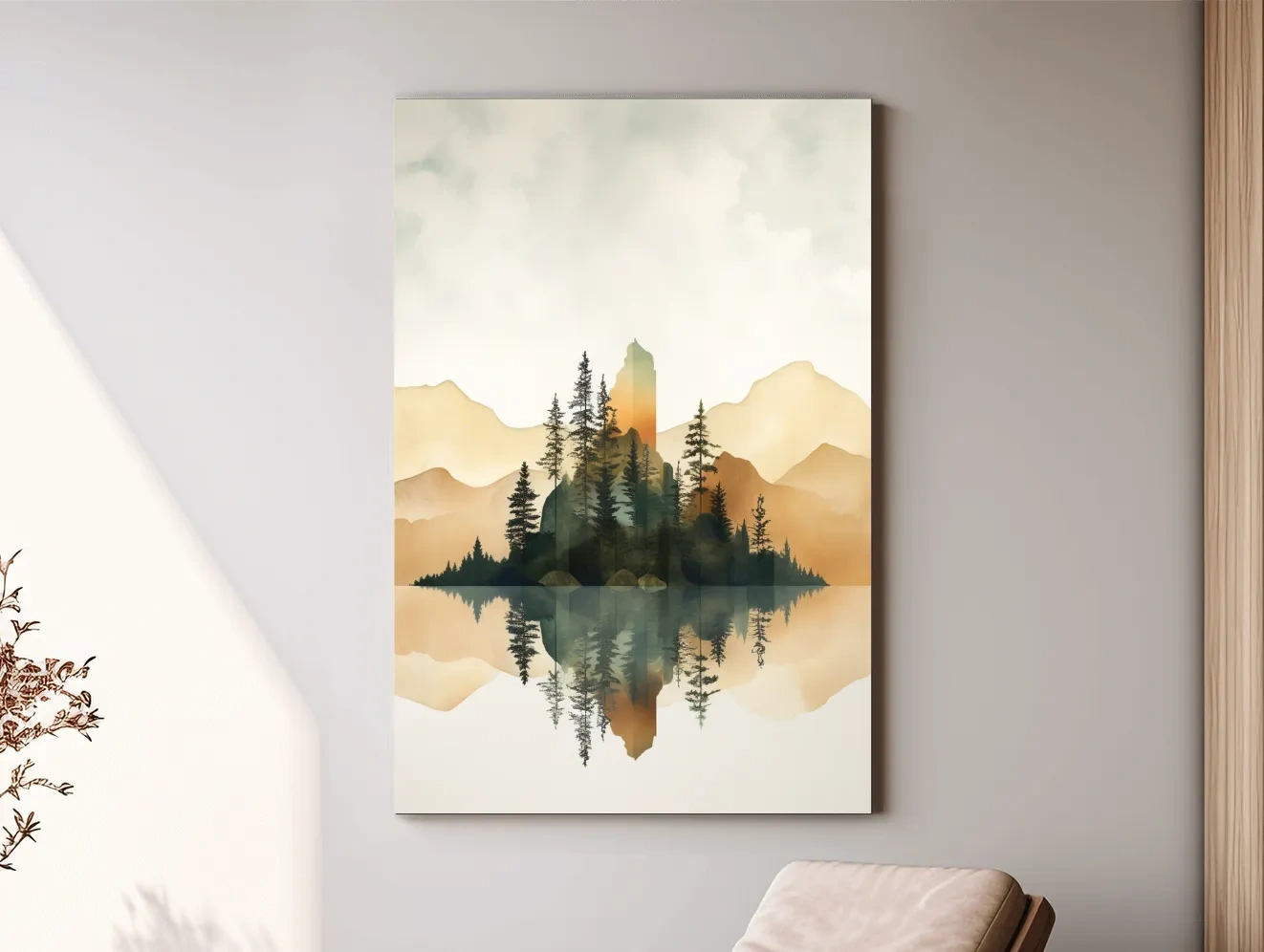 Alpine Mountain Lake Reflection Watercolor - Serene Pine Forest Wall Art