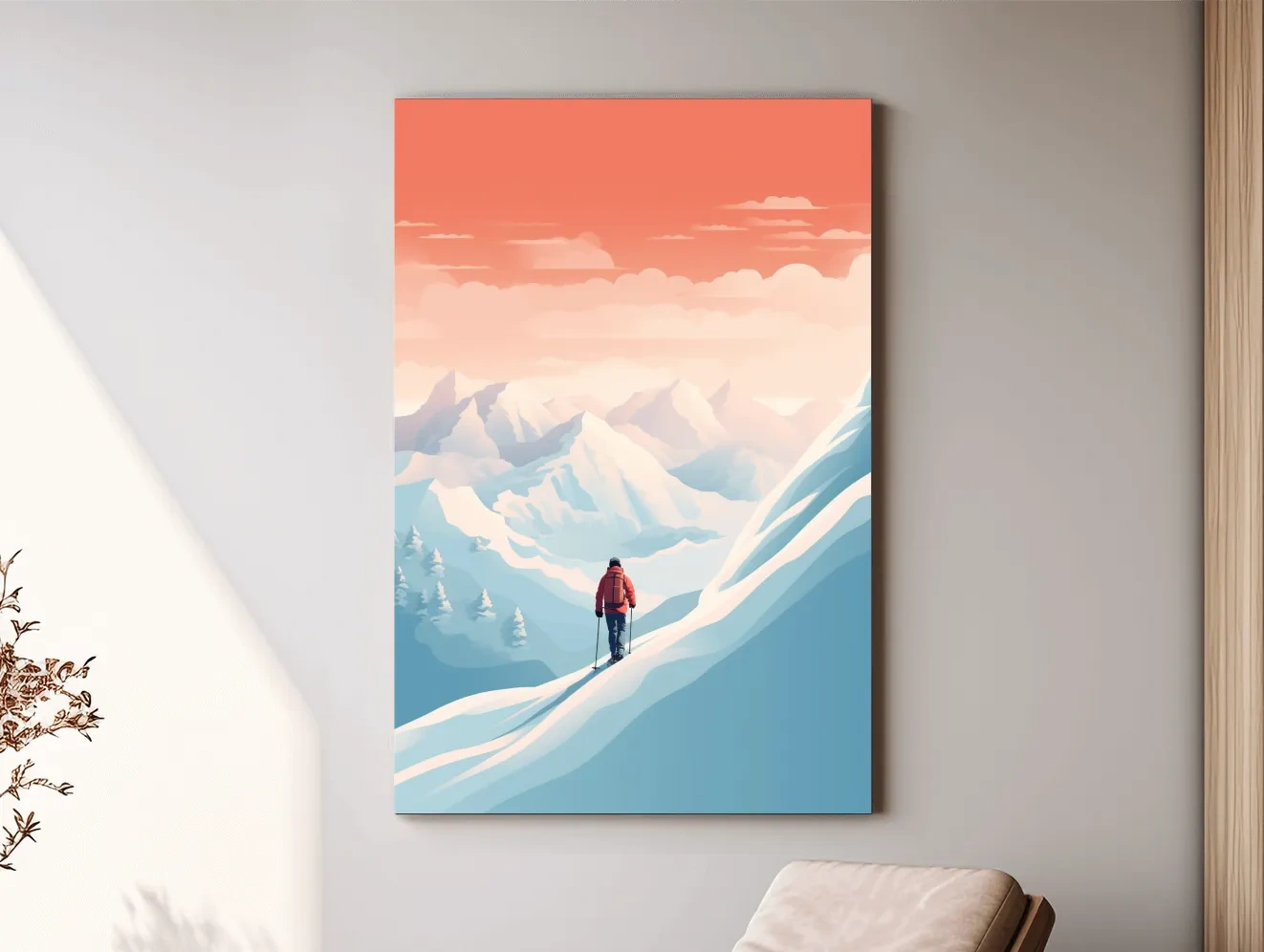 Backcountry skier in the mountains at sunset, minimal vector artwork