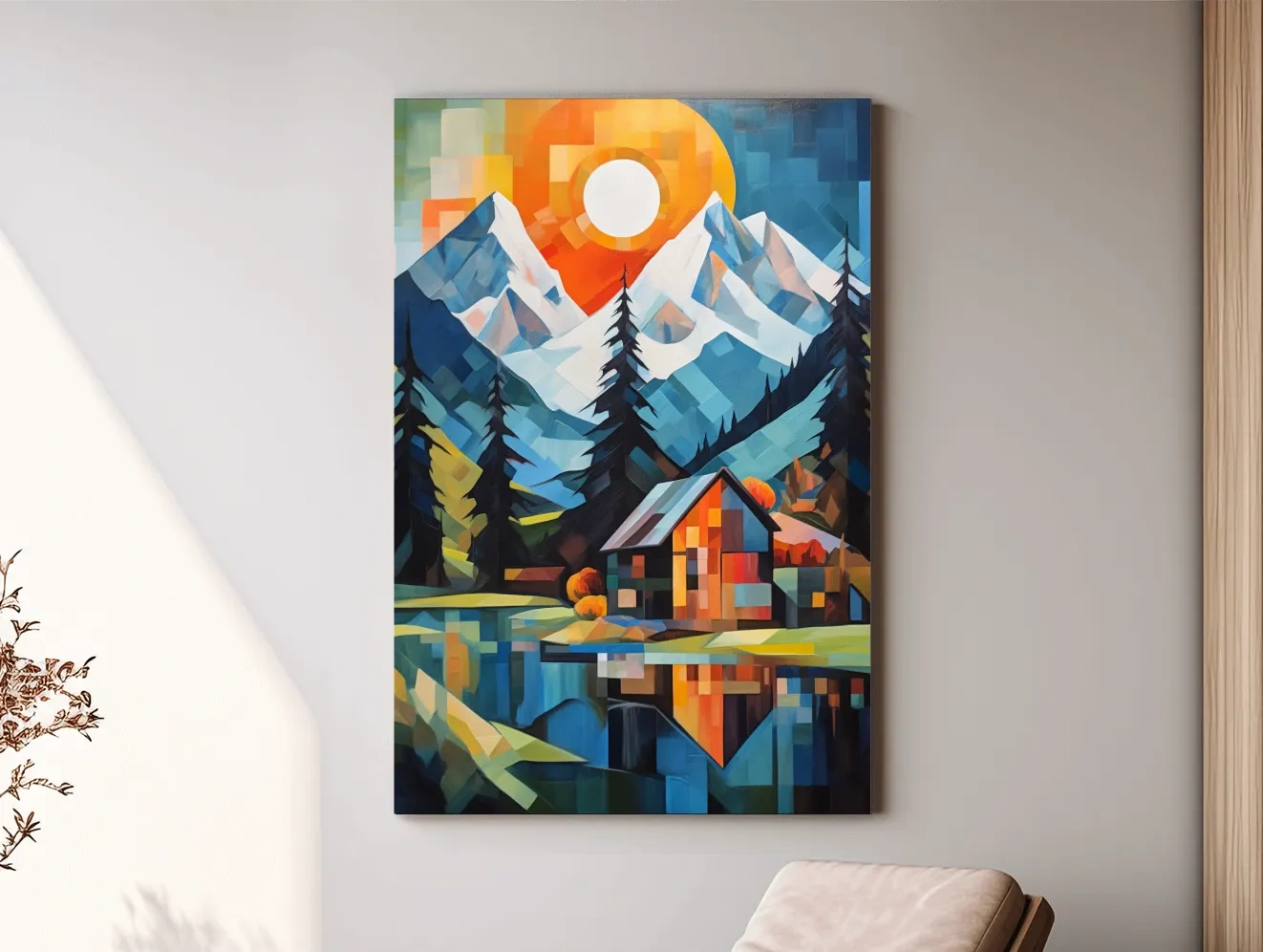 Geometric Alpine Cabin Lake Sunset - Vibrant Impressionist Mountain Wall Art