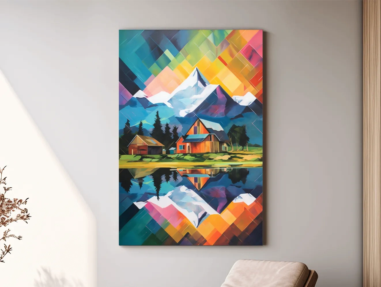 Vibrant Geometric Mountain Cabin Painting - Colorful Abstract Alpine Wall Art