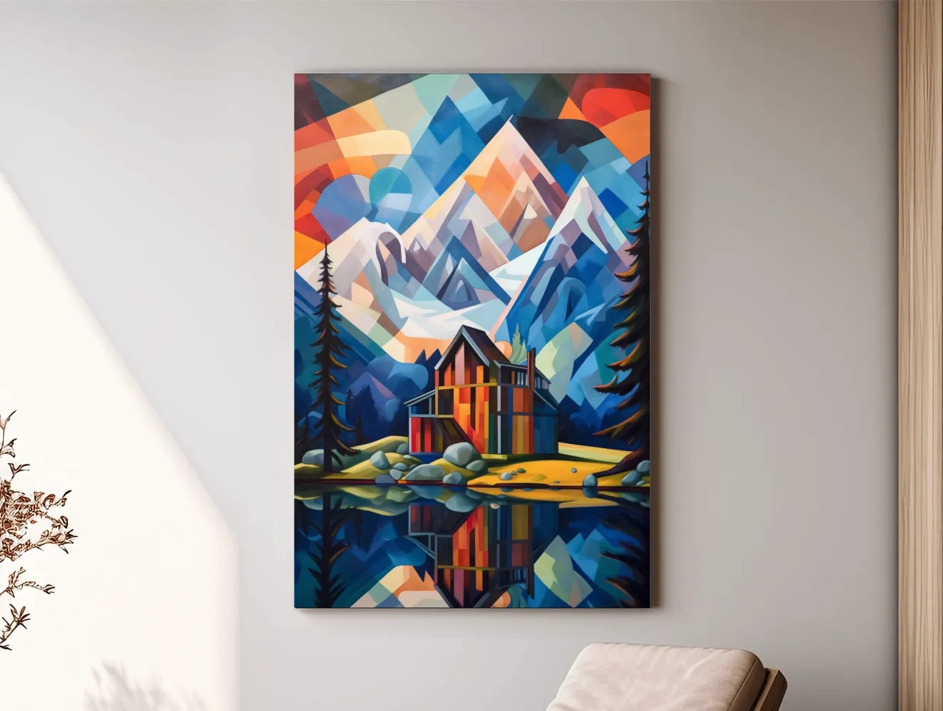 Vibrant Geometric Mountain Lake Cabin Painting - Abstract Alpine Wall Art