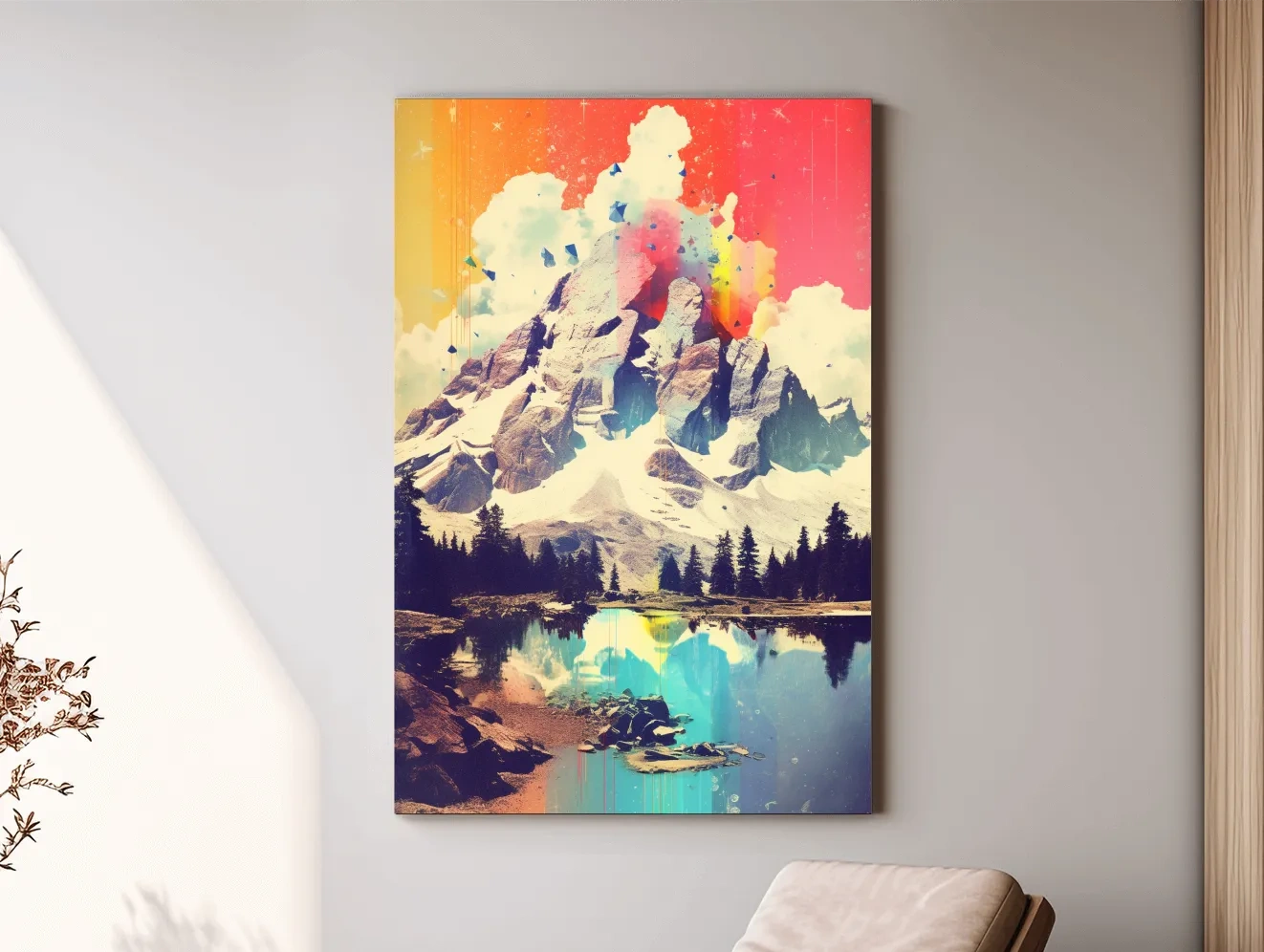Vibrant Abstract Mountain Lake Painting - Colorful Alpine Landscape Wall Art