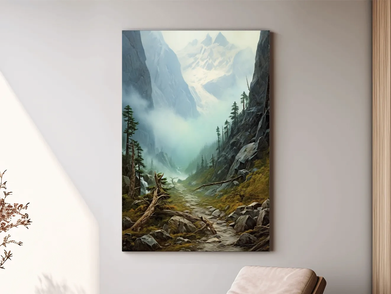 Misty Alpine Mountain Valley Painting - Foggy Pine Forest Wall Art