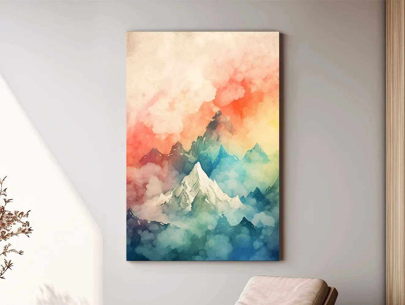 Colourful watercolour painting of a mountain landscape