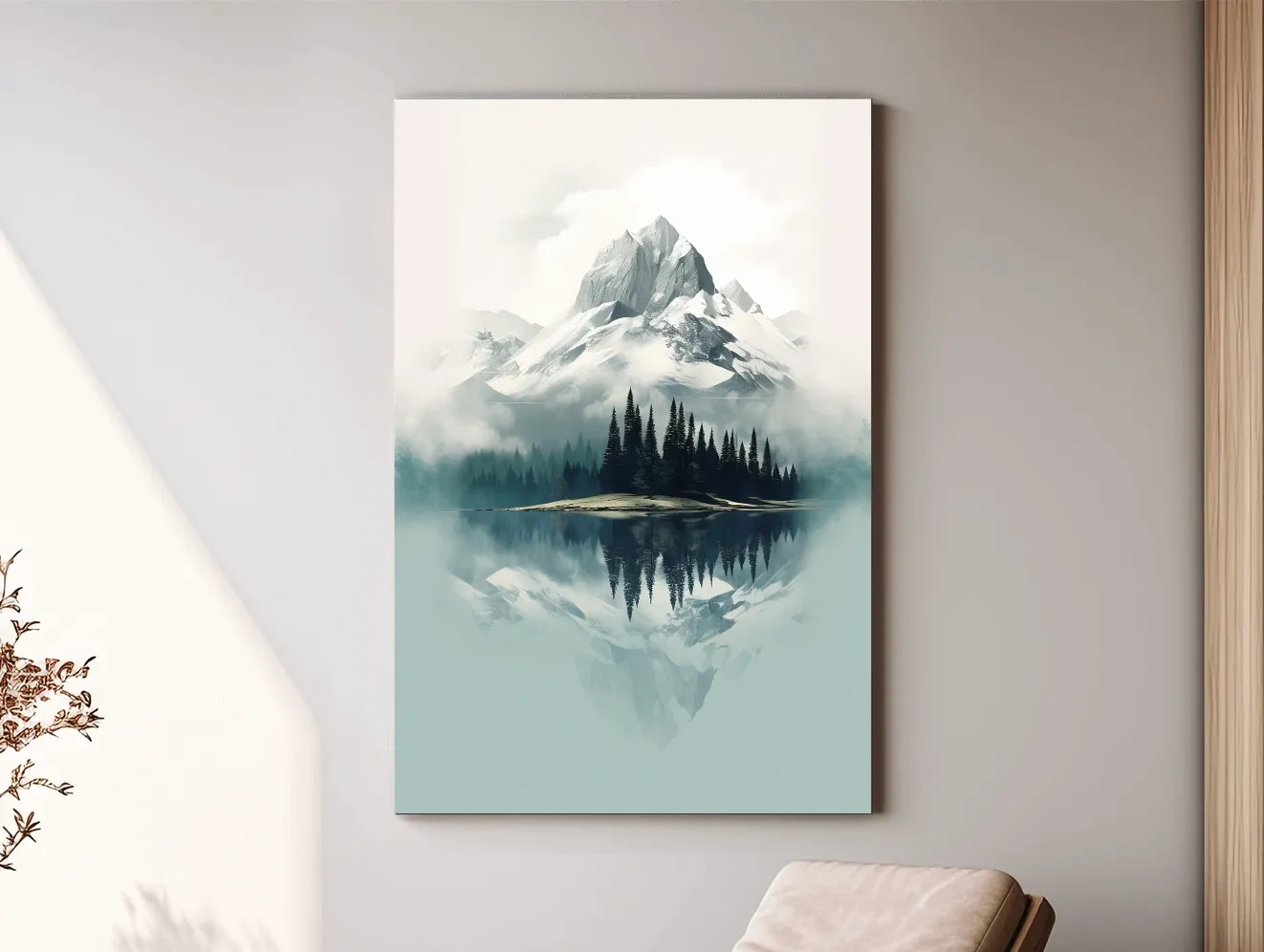 Misty Alpine Mountain Lake Reflection - Minimalist Watercolor Landscape Wall Art