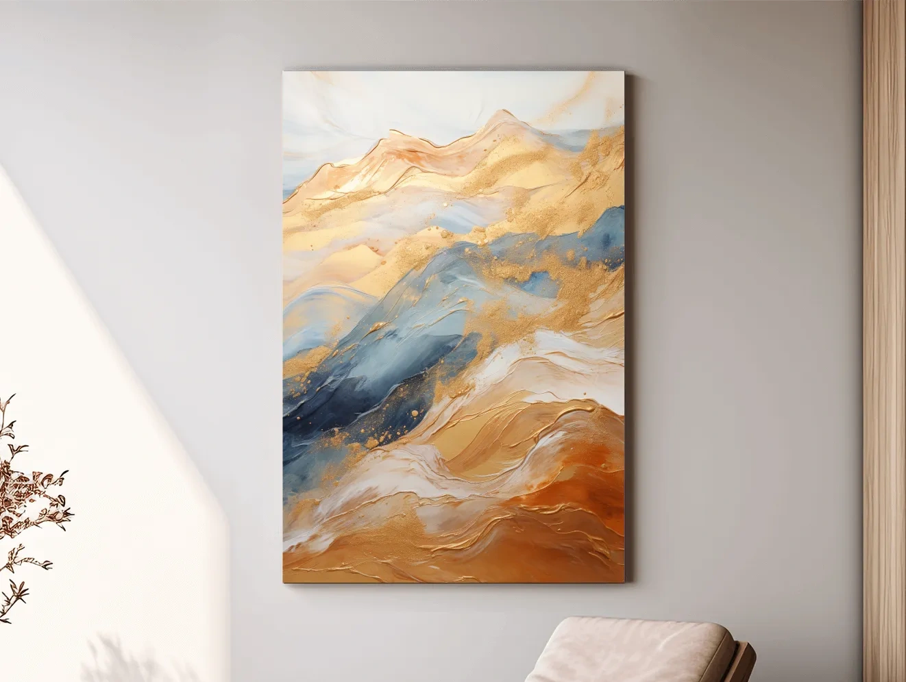 Abstract golden swirling painting forming mountains