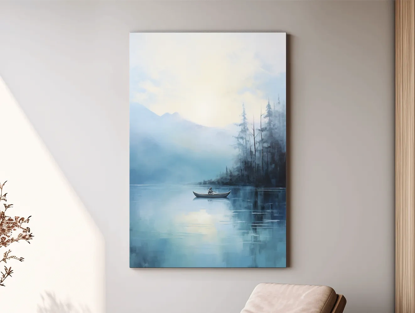 Misty Turquoise Mountain Lake Canoe Painting - Serene Forest Landscape Wall Art