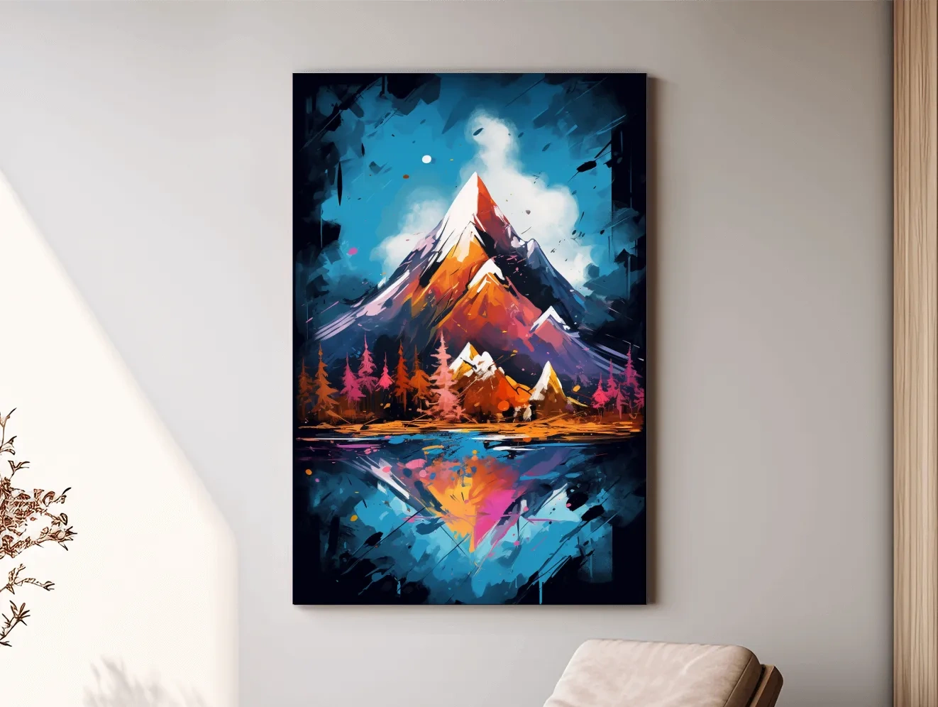 Vibrant Abstract Alpine Lake Painting - Colorful Mountain Forest Wall Art