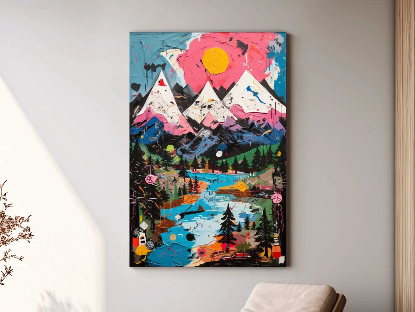 Vibrant Abstract Mountain Lake Sunset Painting - Colorful Modern Landscape Wall Art
