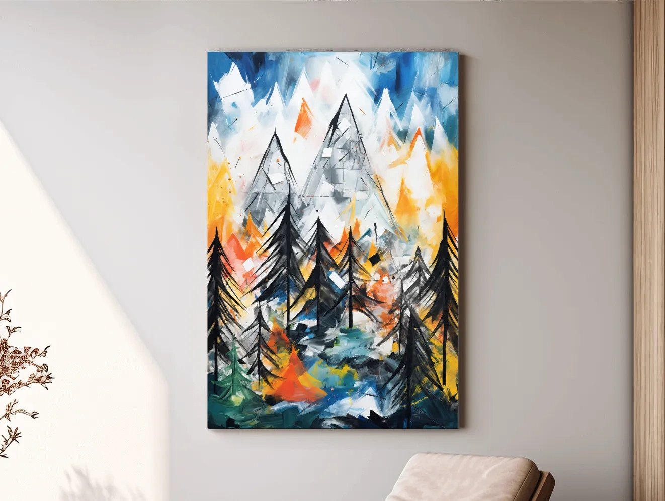 Abstract Alpine Mountain Peaks Painting - Colorful Energetic Pine Forest Landscape Wall Art