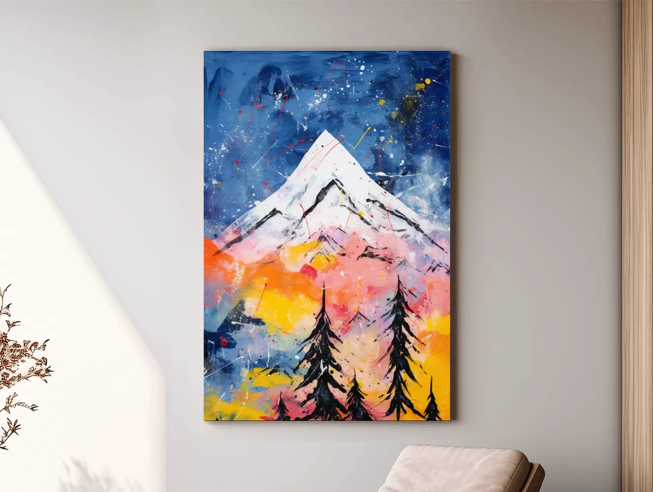 Vibrant Abstract Mountain Peak Sunset Painting - Colorful Acrylic Splash Forest Wall Art