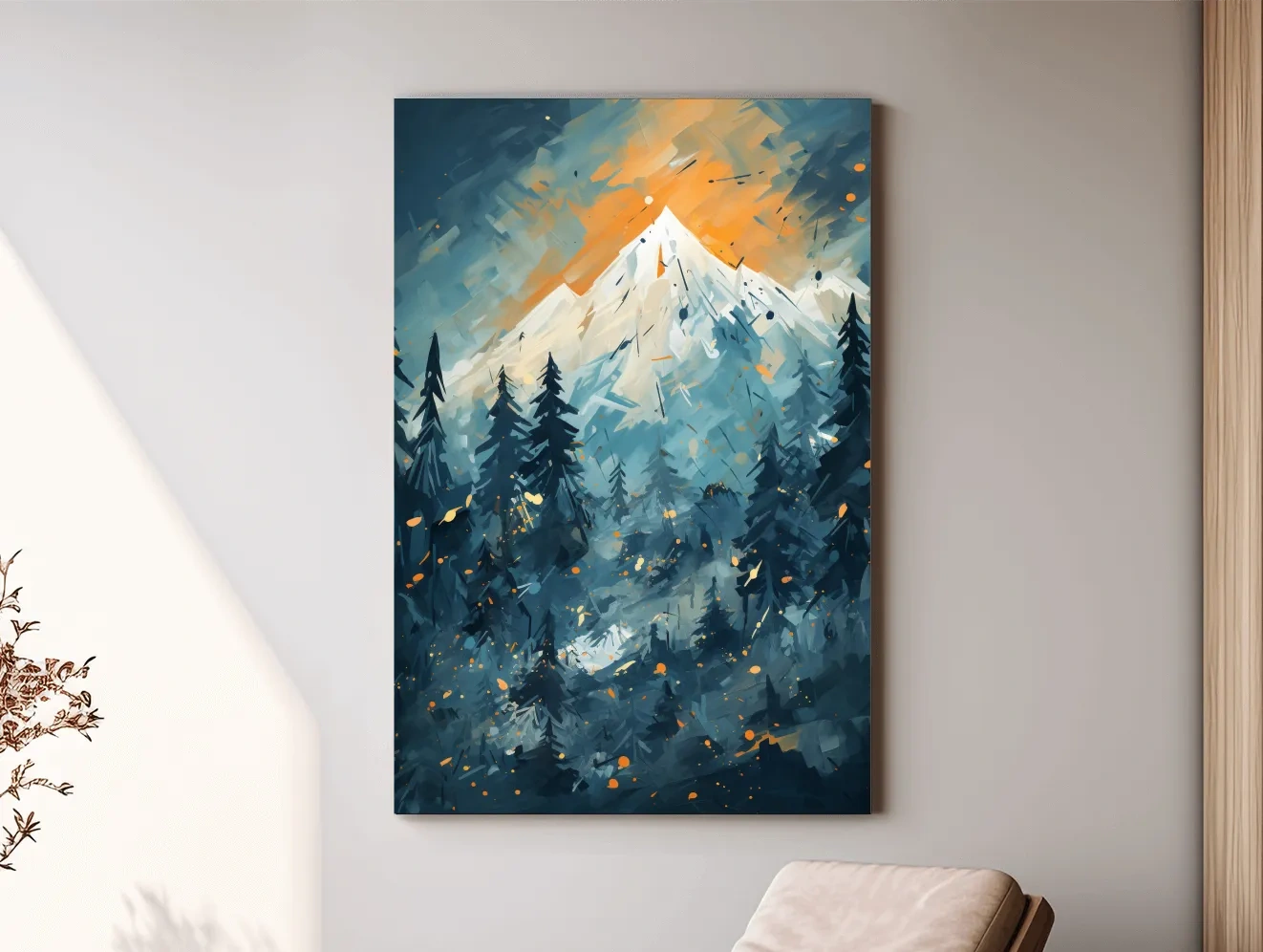 Abstract Snowy Mountain Peak Sunset - Moody Pine Forest Painting Wall Art