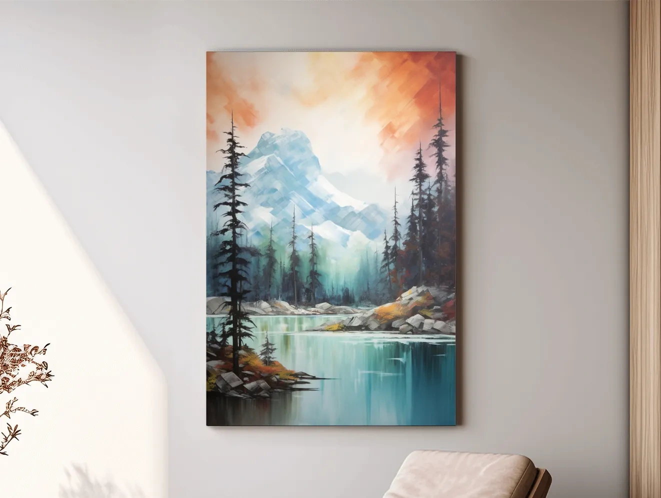 Turquoise Alpine Lake & Pine Forest Sunset Watercolor - Serene Mountain Landscape Wall Art
