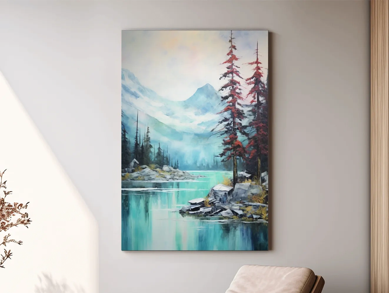 Mountain scenery painting, a turquoise alpine lake