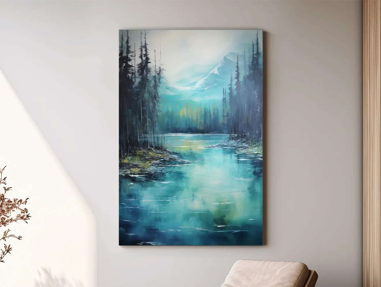Misty Mountain Lake Reflection - Serene Forest Oil Panting Wall Art