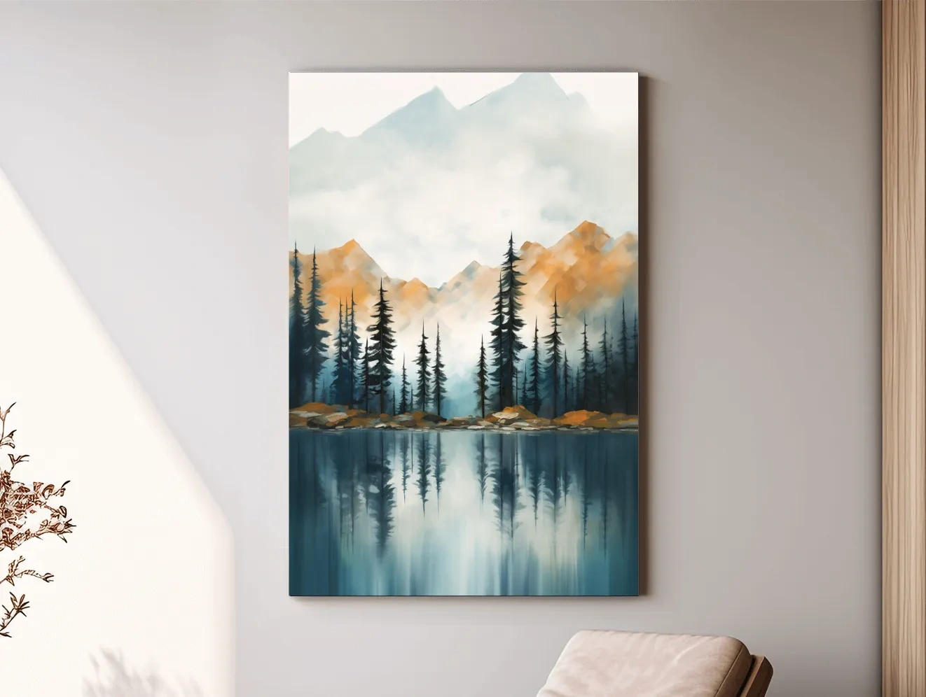 Misty Watercolor Mountain Lake Reflection - Serene Pine Forest Landscape Wall Art