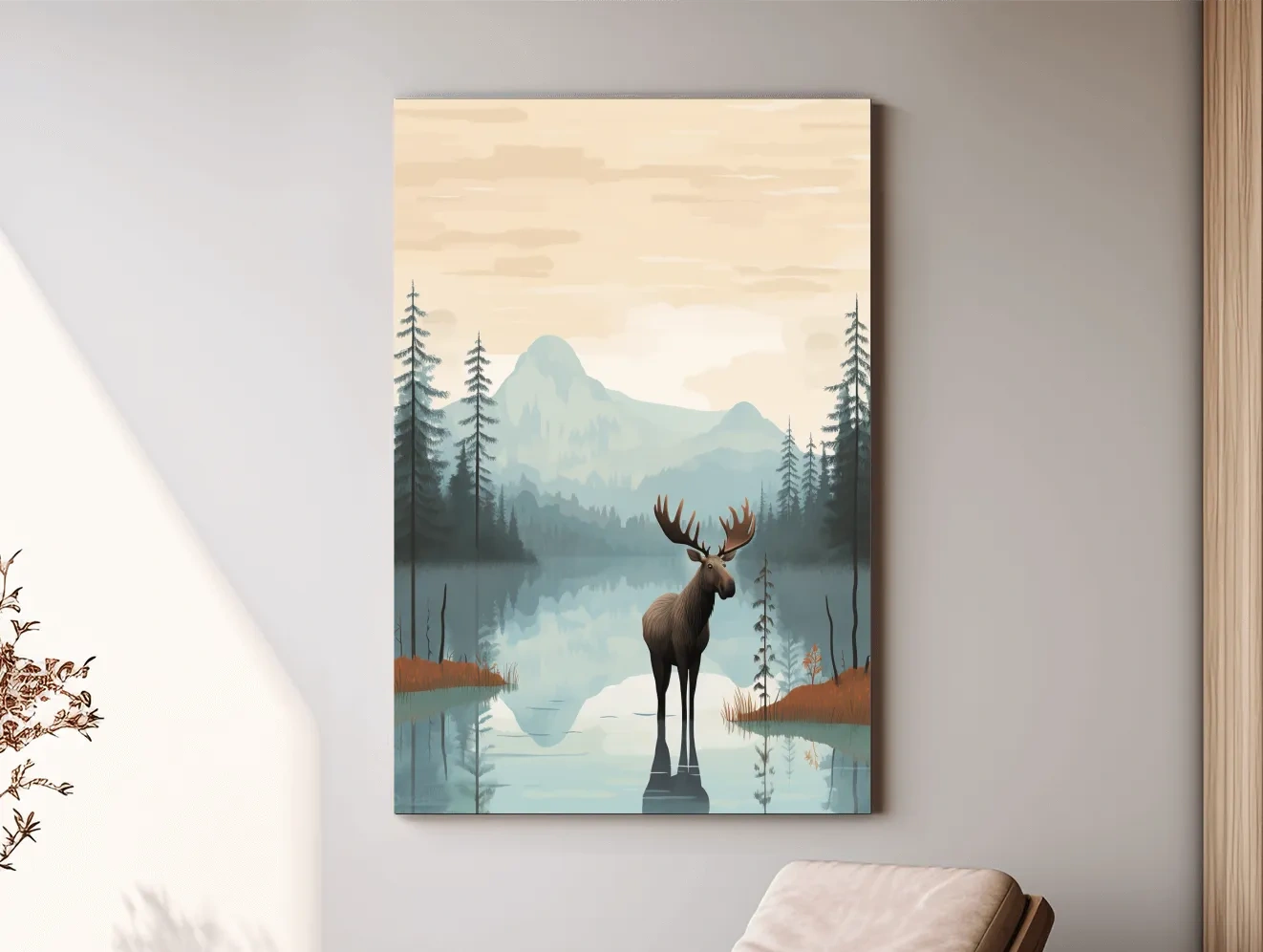Moose Mountain Lake Illustration - Nursery Forest Mountain Wall Art