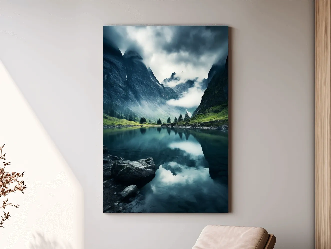Moody Misty Alpine Lake Reflection - Dramatic Photographic Mountain Wall Art
